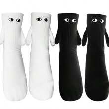2 Pairs Solid Black & White Outdoor Couple Mid-Calf Holding Hands Socks