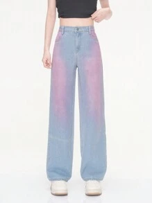 少女拼接直筒牛仔褲，休閒寬鬆高腰牛仔褲