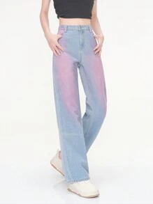 少女拼接直筒牛仔褲，休閒寬鬆高腰牛仔褲