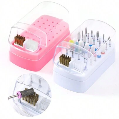 30 Holes 2 In 1 Nail Drill Grinding Polish Head Bit Organizer With Cleaning Brush, Nail Drill Bit Storage Box With Dust Cover, Nail Art Dustproof Stand Displayer Drill Bit Holder For Manicure