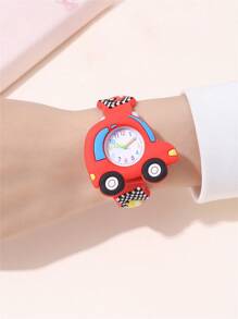 Reloj de cuarzo para niños con correa de silicona y diseño de autos lindos - Rojo - Ver 3