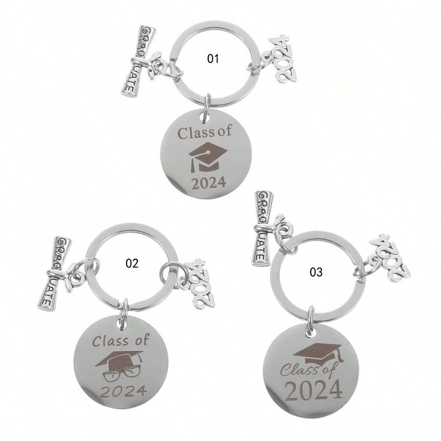 1入組不鏽鋼2024畢業季圈個性化鑰匙扣吊墜，適用於同學和老師的紀念禮物 - 鋼色 - 查看 1