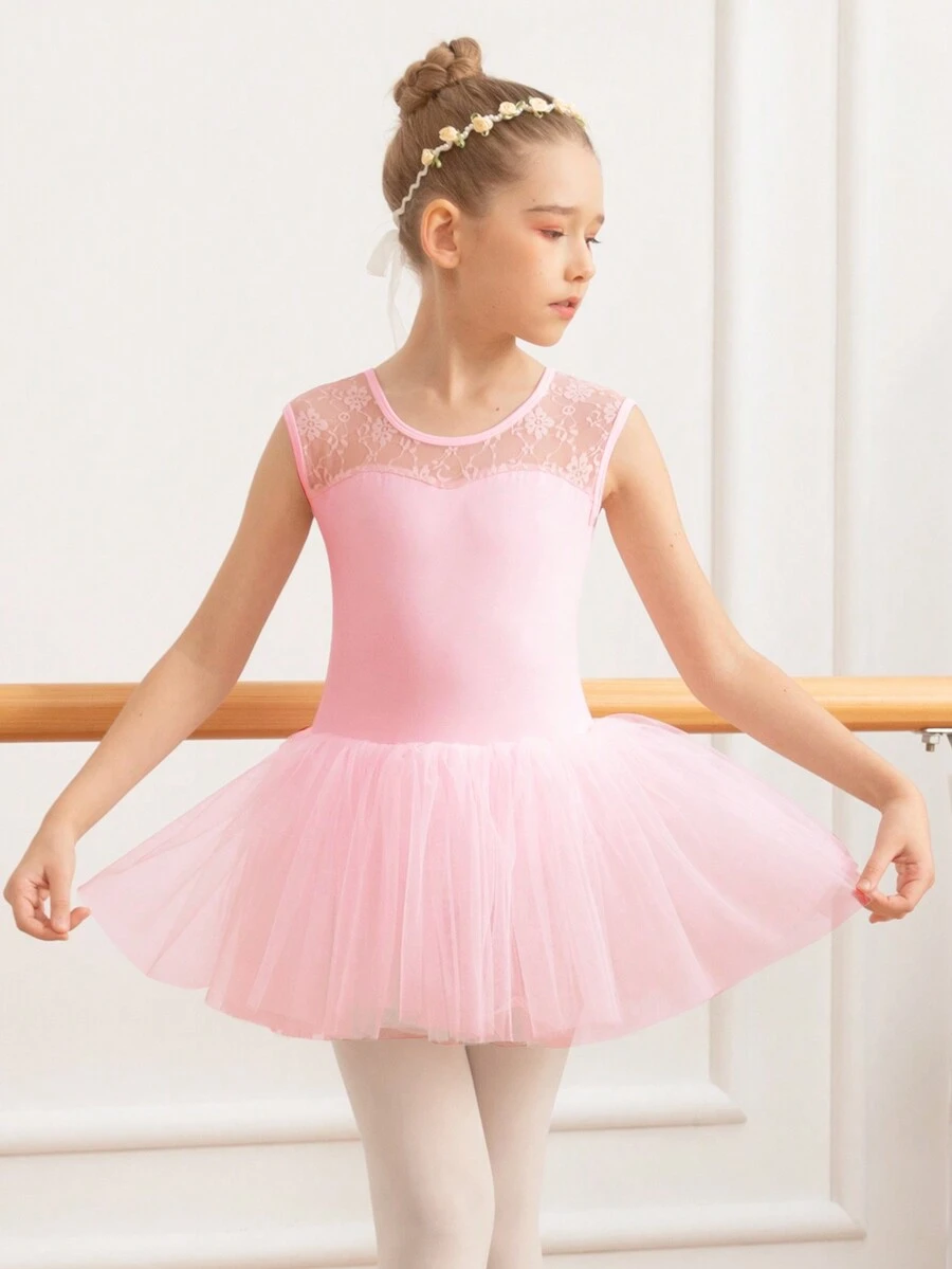 Young Girl Ballet Leotard With Water Drop Mesh Lace Patchwork - Baby Pink - View 1