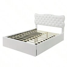 MERAX Queen Size Bed Frame With 4 Storage Drawers,Leather Upholstered Platform Heavy Duty Bed,Wood Slat Support - trắng - Xem 7