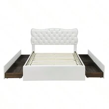 MERAX Queen Size Bed Frame With 4 Storage Drawers,Leather Upholstered Platform Heavy Duty Bed,Wood Slat Support - trắng - Xem 6