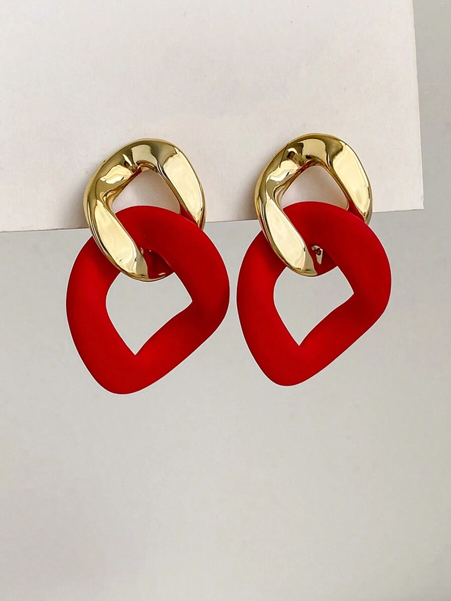 1pair Geometric Patchwork Casual Earrings - Red - View 1