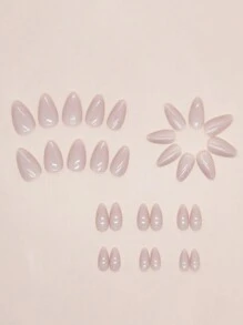 30片典雅長杏仁形極簡復古荷花粉紅素面假指甲套裝，適用於女士日常穿著，壓克力自行黏貼假指甲，美甲用品 - 藕粉色 - 查看 3