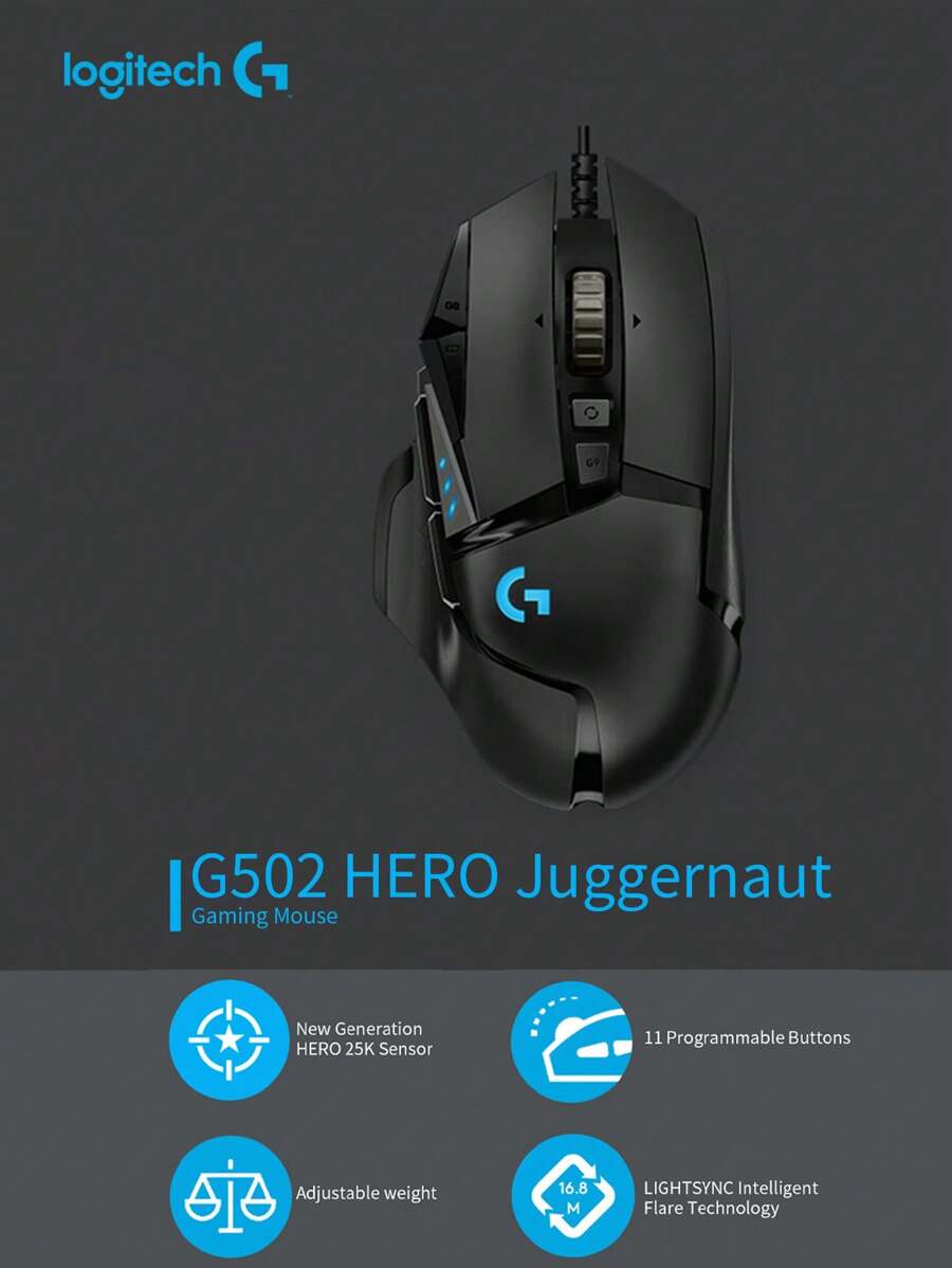 Ratón de juego con cable de alto rendimiento G502 HERO, sensor HERO 25K, 25,600 DPI, RGB, pesos ajustables, 11 botones programables, memoria incorporada, PC
