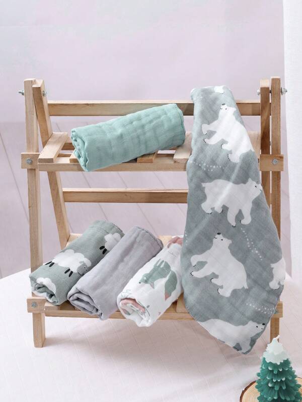 5pcs/Set Bamboo Muslin Square Towels, 4 -Layer Soft Face Towel, Cute Print Burp Cloth