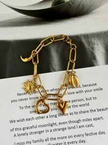MECYLIFE 1 chiếc vòng tay thép không gỉ trang trí hình vỏ sò, mặt trời, mặt trăng và trái tim Bohemian dành cho phụ nữ - vòng tay mặt dây chuyền hình học - Xem 2