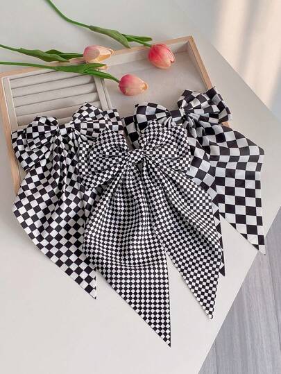 1pc Girl's Checkerboard Bow Hair Clip, For Daily Wear