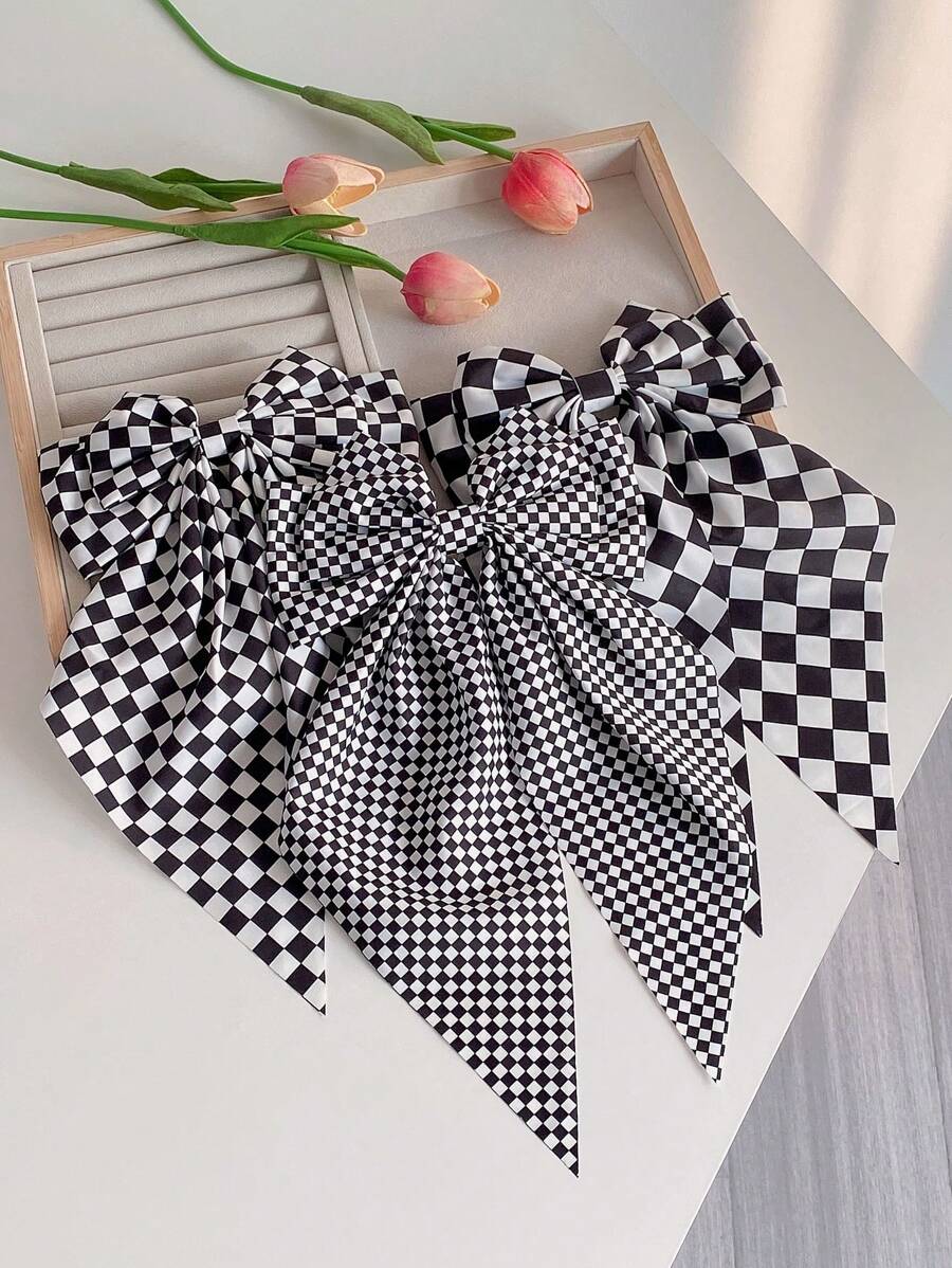 1pc Girl's Checkerboard Bow Hair Clip, For Daily Wear - Black and White - View 1