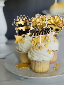 16Pcs Cake Topper Decoration, Black Gold Birthday Cake Topper, Birthday Party Cake Decor, Party Cake Supplies Party Food Decor - Multicolor - View 4