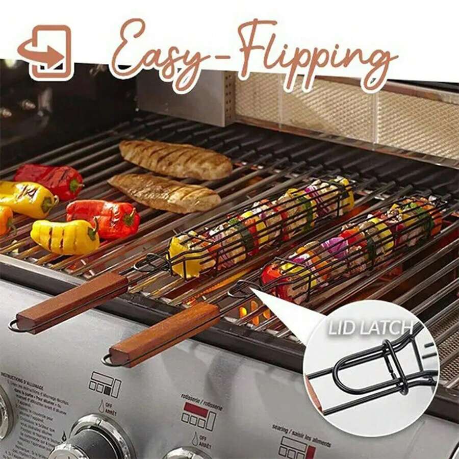 1 Giỏ BBQ Chống Dính Di Động Để Nướng Thịt Và Rau Củ Bằng Than, Hoàn Hảo Cho Cắm Trại Ngoài Trời Và Nấu Ăn Dã Ngoại - Gỗ đỏ - Xem 1