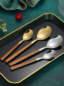 5/20pcs, Stainless Steel Cutlery Set With Plastic Wood Grain Handle - Perfect For Restaurant, Family, Party And Wedding - Including Spoons, Forks, Knives, Etc School Supplies,Back To School - Silver - View 5