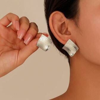 1 par de pendientes de botón de metal cuadrado con forma de onda geométrica para mujer