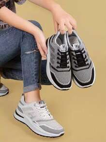 Tenis Tejido Knit Mujer Malla Transpirable Plataforma Suave, Zapatillas Casual con Logo H Decorativo, Suela Antideslizante Cómodas para caminatas, compras y uso diario todo el año - Gris Oscuro - Ver 4