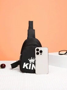 1pc Unisex Kids Nylon Zipper Crown & Letter Pattern Chest Bag, Suitable For Daily Use, Christmas Gift - Black - View 4