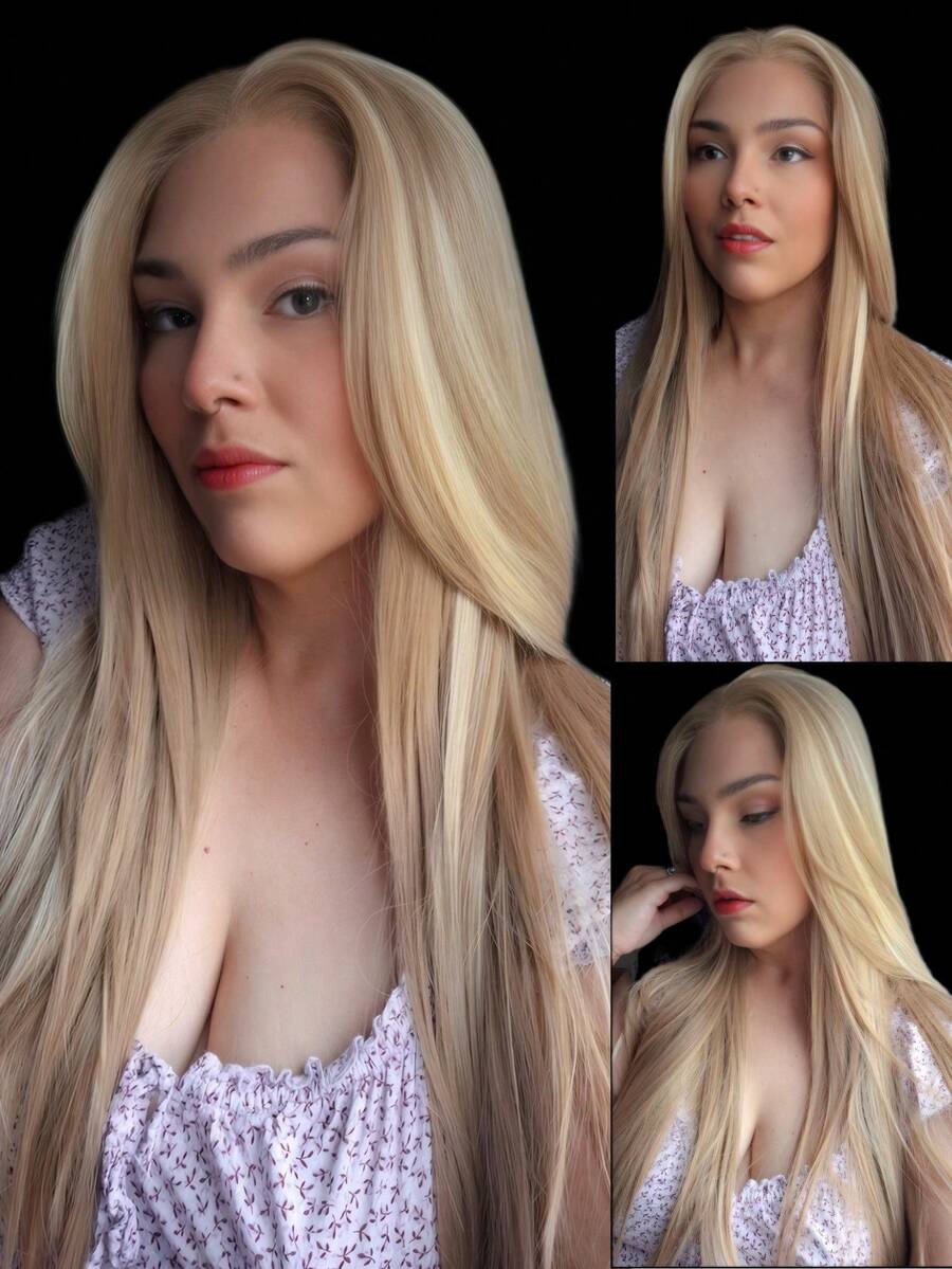 Highlight Blonde Brown Synthetic Lace Front Wig For Women Long Straight Glueless Balayage Platinum Honey Brown 13x4 Lace Front Wigs  150 Density 24 Inches - 拼色 - 查看 1