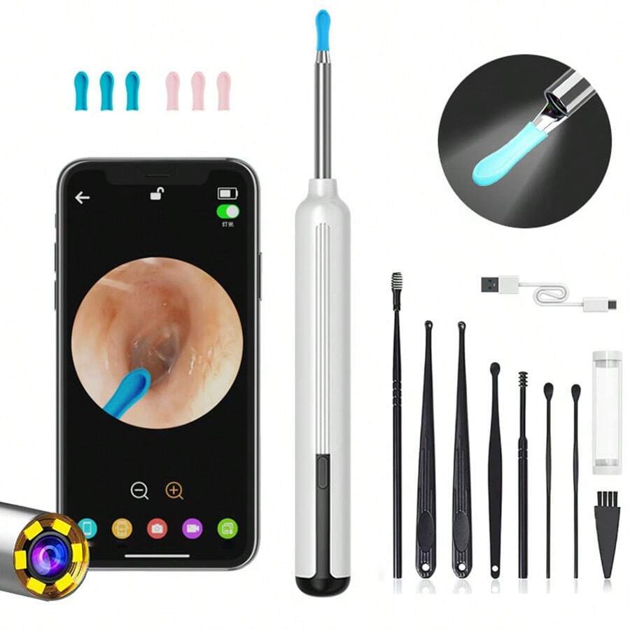 YW16 最新款耳垢清除器，带高清摄像头的智能耳朵清洁器，带 7 个耳勺的耳垢清除套件，带灯的耳朵清洁器套件，适用于 IOS 和 Android 的 1080P 耳朵摄像头
