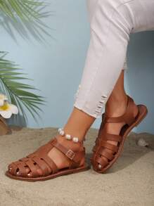 Sandálias Casuais Planas de Estilo Vintage Fechadas na Ponta 2025, Sapatos Romanos com Design Vazado Respirável Trançado