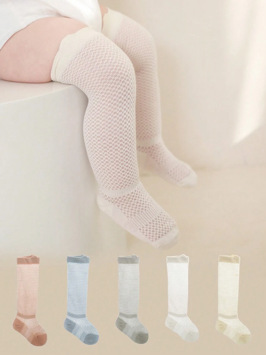 5pairs Summer Breathable Mesh Cute Solid Color High Socks, Anti-Mosquito For Baby - Multicolor - View 1