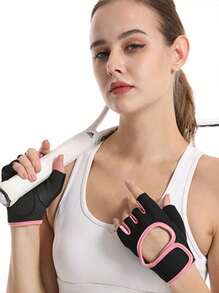 男女通用透气运动手套一双，适合篮球、哑铃、举重、引体向上、骑行等运动，带半指和腕部支撑。 - 玫紅色 - 查看 1