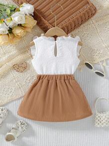 Set Bayi Perempuan Busur Ruffle Tombol Depan Blok Warna - Coklat - View 3