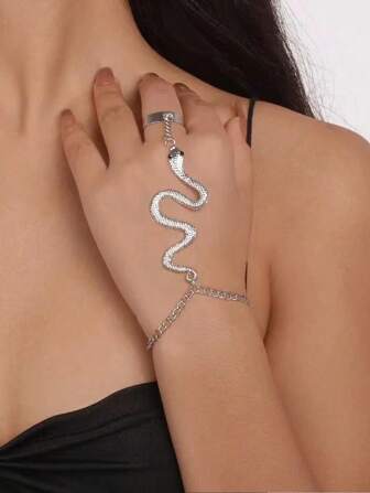 1pc Gothic Exaggerated Snake Shape Hand Bracelet, Ring & Bracelet In One, Women's Chain Hand Jewelry