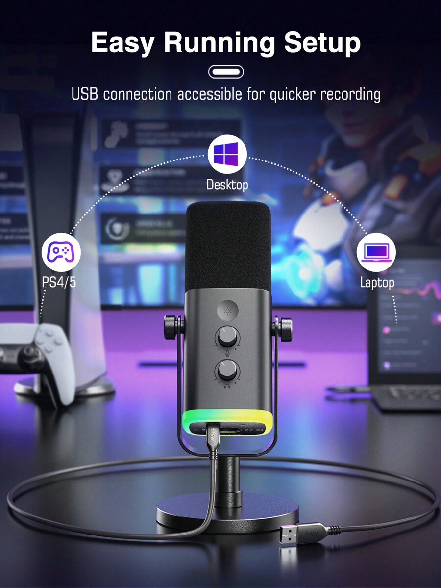 Gaming USB/XLR Microphone For Podcast, Dynamic Mic With Controllable