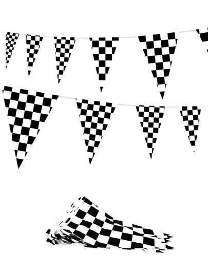 1 set Banderines decorativos de fiesta con patrón a cuadros blanco y negro, apropiado para fiestas temáticas y uso diario