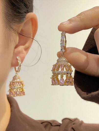 1pair Vintage Palace Style Inlaid Cubic Zirconia Wind Chime Earrings, Luxury Heavy-Duty Y2K Women's Daily/Party/Dating/Traveling Accessory Gift For Wedding Season, Comes With Jewelry Box