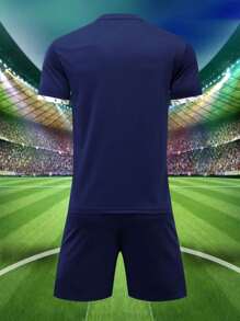 ODMYONO Conjunto de camiseta de fútbol para hombre, con cuello redondo y diseño de rayas de bloques de color, transpirable y cómodo, moda para deportes al aire libre, Od Myono Spring - Azul Marino - Ver 4