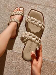 Women's Braided Sandals Slip On Slides Two Straps Square Toe Dressy Summer Sandals - 杏色 - 查看 1