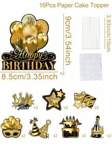 16Pcs Cake Topper Decoration, Black Gold Birthday Cake Topper, Birthday Party Cake Decor, Party Cake Supplies Party Food Decor - Multicolor - View 3