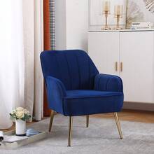 Upholstered Chair Solid Wood Frame Velvet Sherpa Armchair Accent Chair With Wide Armchair For Home, Office, Bedroom, Living Room, Waiting Room - 藏蓝色 - 查看 1