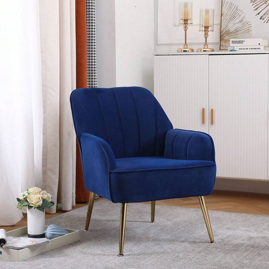 Upholstered Chair Solid Wood Frame Velvet Sherpa Armchair Accent Chair With Wide Armchair For Home, Office, Bedroom, Living Room, Waiting Room - 藏蓝色 - 查看 1