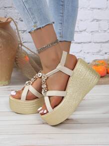 Women's Wedge Sandals With Rhinestone Buckle Decor Elastic Band, Lightweight Faux Linen Rope Bottom Waterproof Platform Thick Heel Pumps Valentines - Beige - View 4