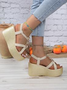 Women's Wedge Sandals With Rhinestone Buckle Decor Elastic Band, Lightweight Faux Linen Rope Bottom Waterproof Platform Thick Heel Pumps Valentines - Beige - View 3