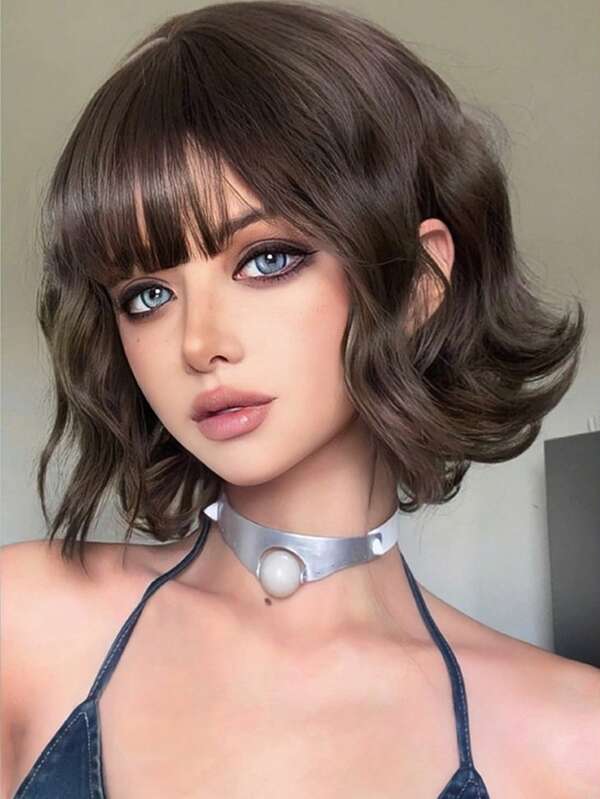 1 Piece Synthetic Heat-Resistant Straight Hairpiece In Cold Brown Wig With Short Curly Bangs  , 12 Inches Long, Made From Fiber, Suitable For Daily Use, Natural And Realistic False Hairpiece.