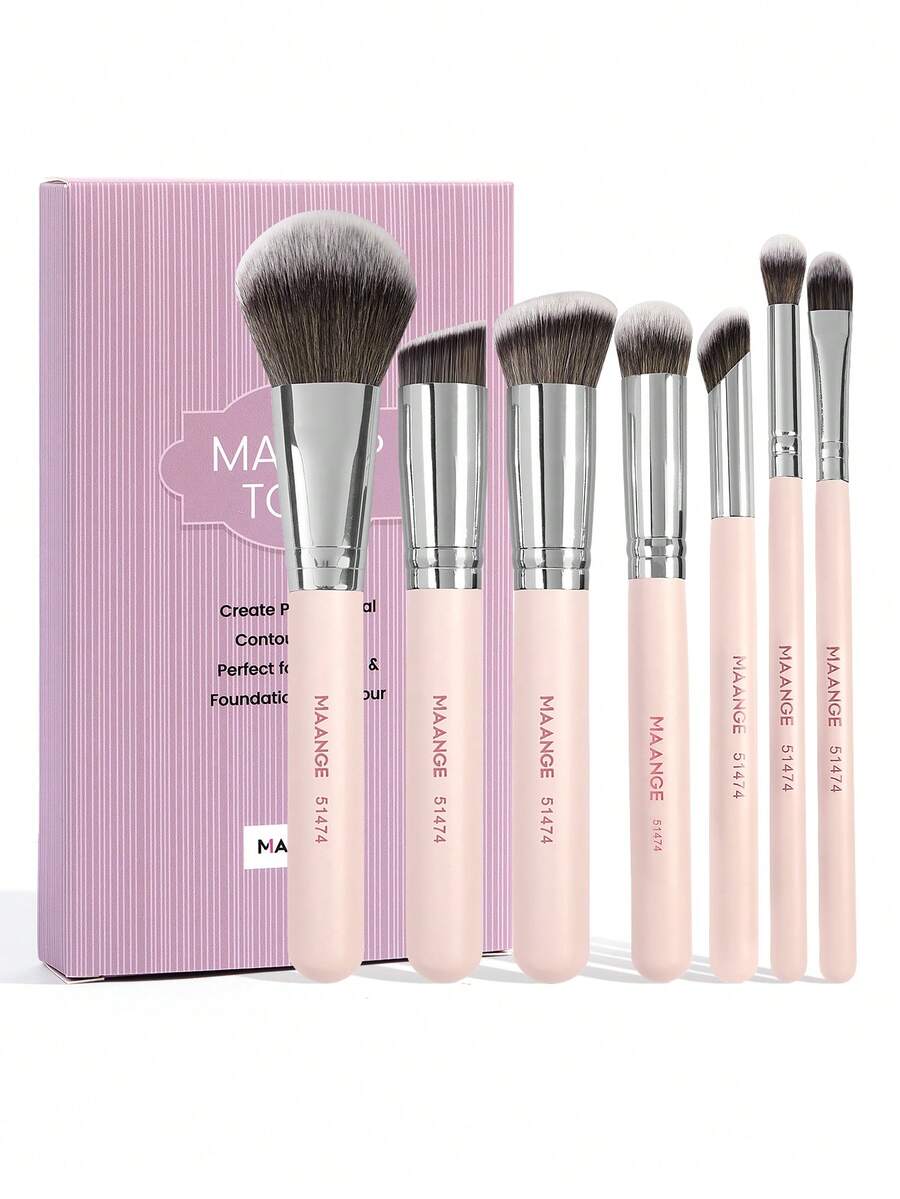 MAANGE 7pcs Makeup Brushes Set With Large, Medium And Small Foundation Brushes Eyeshadow Brushes Swoosh Brushes Nose Shadow Brushes Concealer Brushes Makeup Tools,Brush Set For Travel,Gifts For Women - 藕粉色 - 查看 1