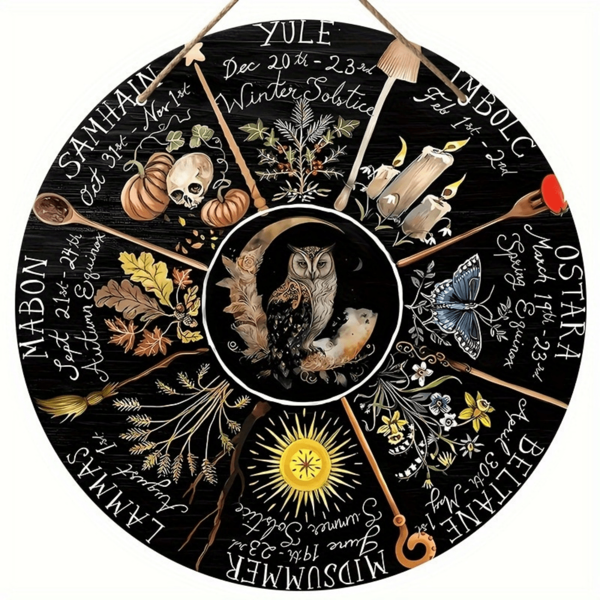 1pc Wheel Of The Year Wooden Sign, Pagan Calendar, Witchcraft, Wicca, , Magic Book, Sabbats, Christmas, Moon Phases, Wall Art, Room Decor, Home Decor, Bar Decor, Cafe Decor, Garage Decor (8''x8''/20cm*20cm)