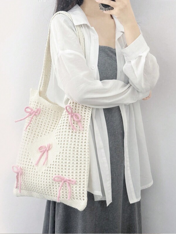 1pc Pink Bows Pattern ,Foldable Hollow Out Design Crochet Bag Medium Vacation Beige Beach Bag Large Capacity Knitted Hobo Handbag Shoulder Purse Y2k Bag For Women College Students,White-Collar Worker,Casual Vacation, Beach Bag, Shoulder Bag, Tote BagLightweight,Portable,Large Capacity,Classic Casual, Suitable For Women College Students, Perfect For Back To School,College,Middle School, High School,Stadium, Sports,Outdoors, Travel, Outings,Holiday,Vacation