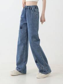 Tween Girl Rabbit Patch Casual Long Washed Wide Leg Denim Pants