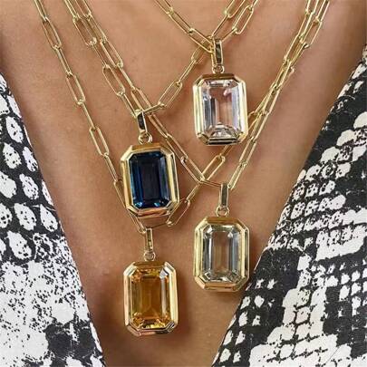 VKHK 1pc Punk Style 18K Gold Plated Stainless Steel Square Shaped Cubic Zirconia Pendant Necklace Suitable For Daily Wear Or As A Gift For Both Men And Women.