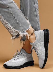 Women's Fashionable Lace-Up Front Low Top Slip On Sneakers, Casual Comfortable Splash Ink Sole Ankle Socks Shoes, Knit Breathable Sports Running Shoes For Daily Wear Spring