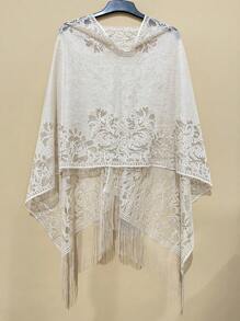 1 pieza Elegante Poncho primavera/verano de encaje de unicolor, chal protector solar con múltiples opciones de uso para mujeres