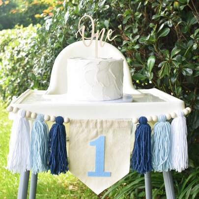 1pc Blue & White Macrame High Chair Banner For 1st Birthday With Boho Handmade Beaded Tassel Garland, 1st Birthday Party Decoration For Nursery, Classroom, Bedroom, And Holiday Celebration,Christmas