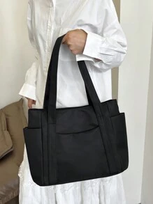 Hatastic 1 Peça Bolsa Feminina de Nylon com Vários Bolsos, Prática, Multifuncional, Bolsa de Ombro de Grande Capacidade, Bolsa Escolar Estilo Preppy para Semana do Livro, Bolsa Escolar Grande com Vários Compartimentos para Praia, Escola, Trabalho e Uso Diário, Bolsa Literária e Bolsa para Mulheres ou Estudantes, Presente para Festivais de Música - Preto - Visão 9