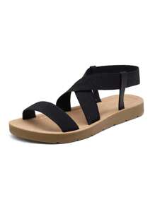Women's Blush Flat Sandals For Women, Open Toe Elastic Cross Ankle Strap Fashion Summer Flat Sandals - Black - View 3